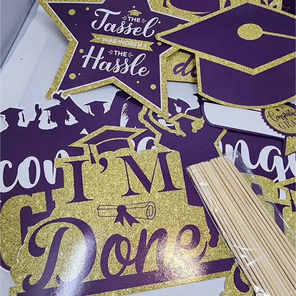 Graduation‎ Party 32 Pc. Purple & Gold Party Decorations with sticks New in Pkg